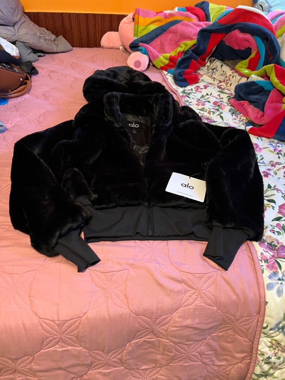 ALO Yoga Black Faux Fur Hooded Coat